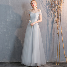 Dusty Blue Bridesmaid Dress Off Shoulder Sweetheart Tulle Empire Dress image 4