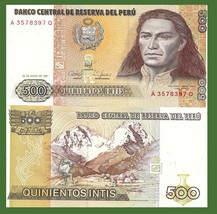 Peru P134b, 500 Intis, Tupac Amaru II /  mountain climber in Andes mount... - $18.45 MXN