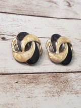 Vintage Clip On Earrings - Statement Yellowy Cream &amp; Black Tone Enamel - £11.79 GBP