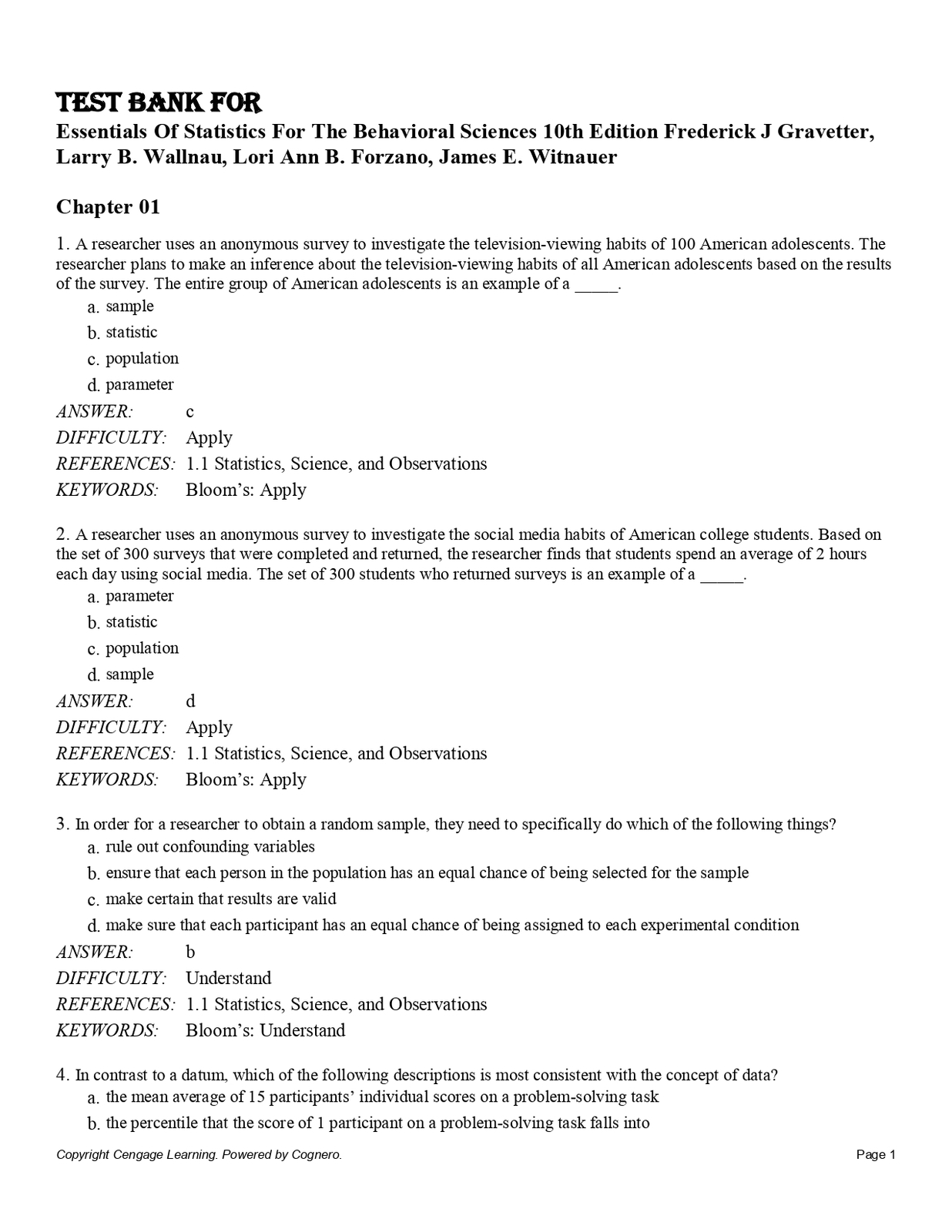 Test Bank For Essentials Of Statistics For The Behavioral Sciences 10th ... - $17.99