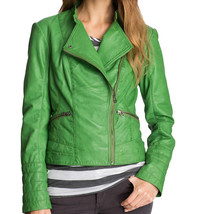 New Women Green Leather Jacket Brando Fastening Zipper Tab Collar Trendy... - $137.19