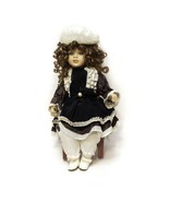 Porcelain Collectible Doll Black Dress With Hat sitting on a Chair 14&quot; V... - £18.28 GBP