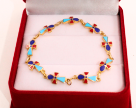 Egyptian Ankh Key Of Life Colored Bracelet Stamped 18K Gold Pharaonic 7.5&quot;  - £1,076.03 GBP