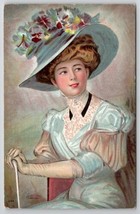Victorian Woman In Powder Blue Large Floral Hat Lovely Lady Postcard B36 - $12.95