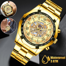 Waterproof Gold Men&#39;s Watch Classic Stainless Steel Quartz Analog Busine... - £19.65 GBP