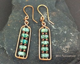 Handmade copper earrings: rectangles wire wrapped with turquoise glass brick bea - £21.53 GBP
