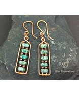Handmade copper earrings: rectangles wire wrapped with turquoise glass b... - €23,11 EUR