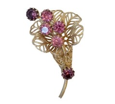 Vintage Gold Tone Flower Floral Brooch Pin Open Work Pronged Pink Purple Stones - $28.93