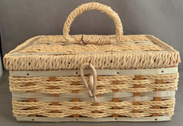 Vintage Japan Lined Woven Pink Rattan Sewing Box Basket - £3.12 GBP