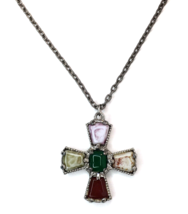 Colorful Ornate Faux Stone &amp; Silver Tone Cross Necklace  Approx 24&quot; Chain - £15.46 GBP