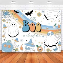 A Little Boo Is Almost Due Backdrop Groovy Halloween Baby Shower Decorations Blu - £20.90 GBP