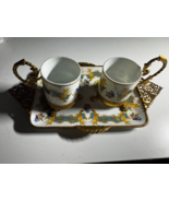Limoges Paint a la Main Porcelain Tray and Mugs with Brass Ormolu Frame ... - $197.01