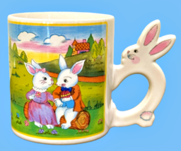 Easter Love Bunny Rabbits Ceramic Coffee Mug Cup Rabbit Handle Japan Vin... - $7.74