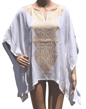 Womens Beach Cover Up Tunic White Metallic Gold Kimono Sleeve Free Size - £11.07 GBP