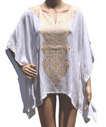 Womens Beach Cover Up Tunic White Metallic Gold Kimono Sleeve Free Size - $13.86