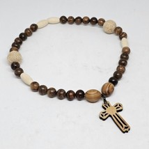 Dog Collar Necklace Wooden Cross Pendant Wood Beaded Boho Natural Collar M/L - $9.97