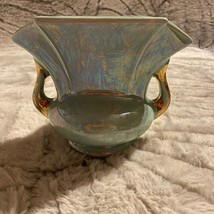 Pioneer Pottery Vase - Fan Shaped Iridescent Teal &amp; 22-K Gold, Ceramic , Usa - £14.69 GBP