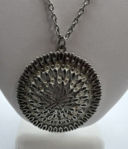 Necklace Art Deco Stainless Steel Pendant Sunburst Ivory Enamel Inlay Domed 14&quot; - £11.05 GBP