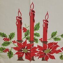 MCM XMAS Tablecloth Poinsettia Candle Pinecone Cotton Linen White Retro ... - $16.95