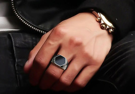 Hexagon Cut Black Signet Ring Men, 925 Silver Christmas Gift Jewelry for Him - £79.13 GBP