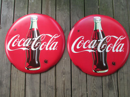Coca-Cola Set of 2 Rustic 24 Inch Red Disc Button Signs Contour Bottle - £77.83 GBP