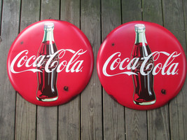 Coca-Cola Set of 2 Rustic 24 Inch Red Disc Button Signs Contour Bottle - £79.32 GBP