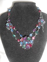 Vintage Gunmetal Black Flower Shaped Red Blue Purple Choker Necklace - $14.00