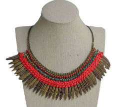 Tanjore India Ethnic Feather Braided Necklace Chunky Statement Red Teal Brass - £19.70 GBP