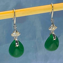 AWZ2 Jade Green Agate &amp; Silver Dangle Earrings - £46.44 GBP