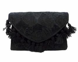 Floral Embroidered Pom Tassel Fringe Slim Envelope Clutch Purse Crossbody Strap  - £20.16 GBP