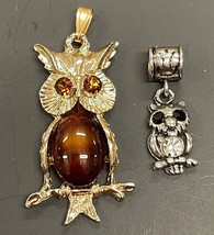 2 Owl Pendants Owls Silver And Gold Tone Articulated Vintage - $11.25
