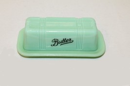 Jadeite Green Glass Butter Dish Script Embossed Retro Depression Style Jade - $24.00