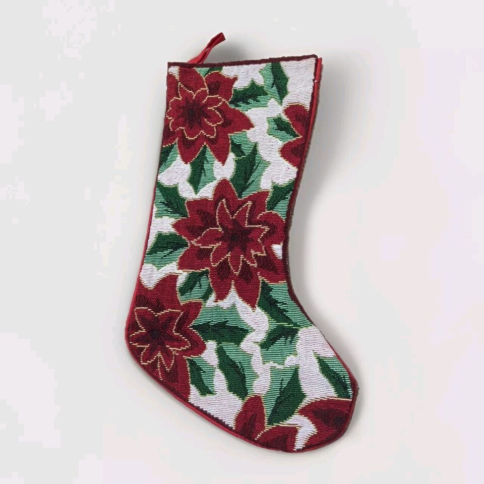 Poinsettia Canvas Christmas Stocking Red Green White - $3.22