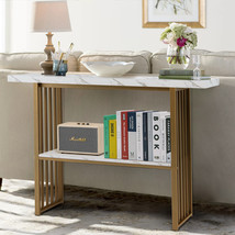 2-tier Modern Console Table 48 White Faux Marble Sofa Table with Open Shelf - £115.89 GBP