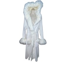 Pottery Barn White Faux Fur Robe Bathrobe Fur Trim Hood Women Large Pockets - $45.00