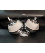 Art Deco Chase &amp; Co Chrome Milk Glass Double Condiment Bowls Server Spoon - $98.00