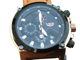 Lige Chronograph Wristwatch Large Face Model 1853 Black Bezel Gold Leath... - $60.55