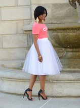White Tulle Midi Skirt Plus Size High Waisted Midi Party Skirt Outfit - $55.99