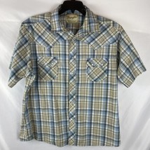 VTG Wrangler Beige Blue Plaid Mens Large Pearl Snap Short Sleeve Western Shirt - £9.00 GBP