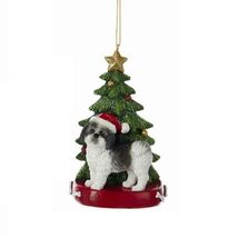 Black and White Shih Tzu Wearing Santa Hat with Christmas Tree Ornament New - $17.80
