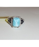 LARIMAR CUSHION SOLITAIRE &amp; BLUE SAPPHIRE ROUND RING, SILVER, SIZE 9, 4.... - $68.59 CAD