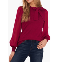 CeCe Sweet Tie Mixed Media Bow Tie Sheer Long Sleeve Sweater, Medium Red, NWT - £51.73 GBP