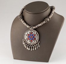 Sterling Silver Red and Blue Stone Pendant Necklace with Ornate Silver Beads - $534.60