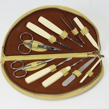 Manicure Grooming Kit w/Austria Yellow Leather Case 10pc MCM Celluloid H... - $24.49