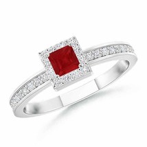 ANGARA Square Ruby Stackable Ring with Diamond Halo for Women in 14K Solid Gold - £613.11 GBP