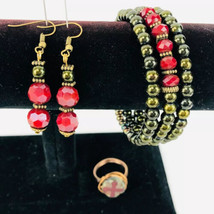 Burgundy Stack Bracelet Wrap Earrings Matching Ring Handcrafted Antique Gold 3pc - £31.62 GBP