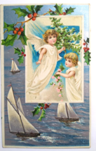Christmas Postcard Cherubs Angels Sailboats Ships Boats Holly Germany Em... - $33.25