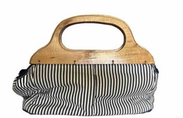 Cute Blue Striped Purse With Wood Handles - £27.57 GBP