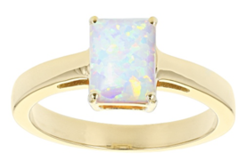 Lab Created Opal 18K Yellow Gold Sterling Silver Ring October Birthstone - £112.44 GBP