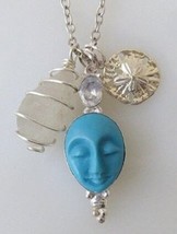Necklace Carved Blue Jasper Face Pendant with Genuine Sea Glass, Moon &amp; Sand Dol - £15.81 GBP